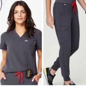 Figs Women's Charcoal Gray Cargo Joggers with Red Drawstring